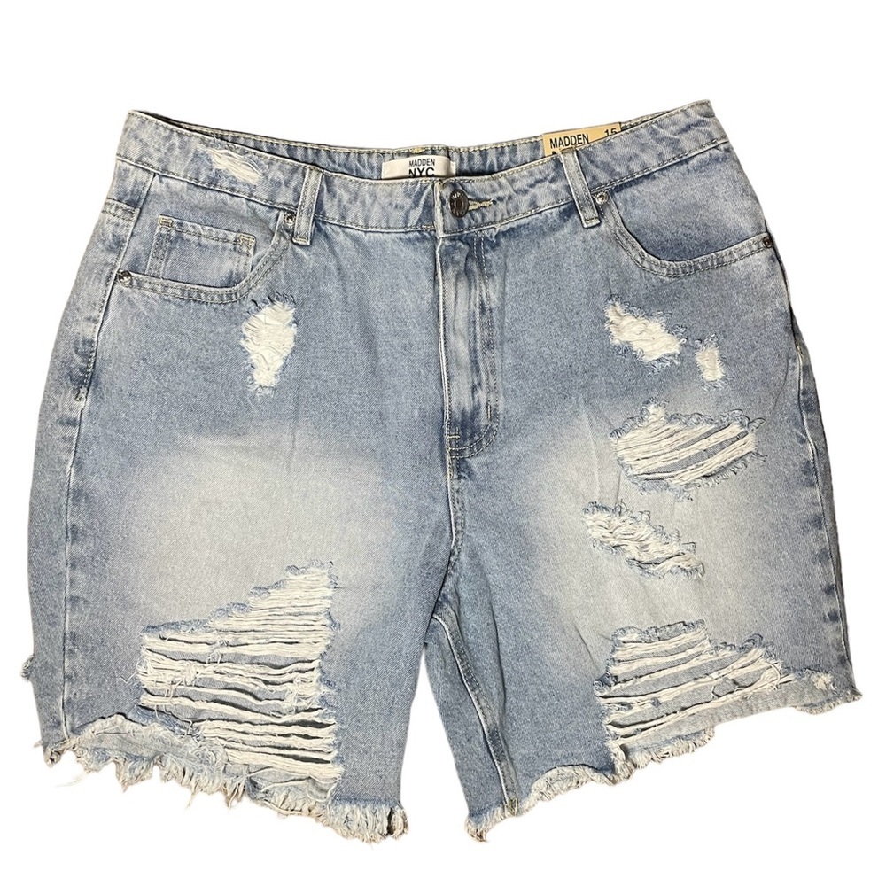 Madden NYC Destructed Dad Shorts Distressed Ripped Light Washed Junior 15 NWT